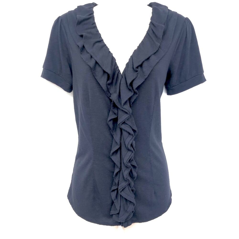 Ann Taylor Loft Navy Ruffle Front Short Sleeve Blouse